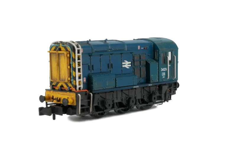 D3429 with rods taken off. Details added: door recess added, renumbered, bracket on nose, shed plates, etched work plates, semi detailed buffer beam at both ends and various livery modifications.