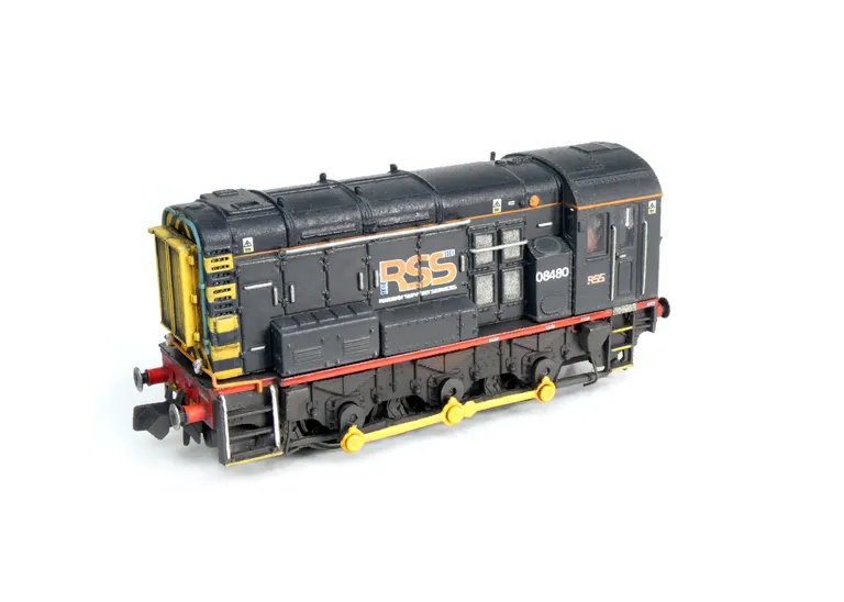 08480 with full respray to RSS livery. Renumbered, detailed buffer beam including extra pipework under buffer at one end and semi detailed at coupling end, modified piping. finer cab handrails, foot tread added and driver fitted.