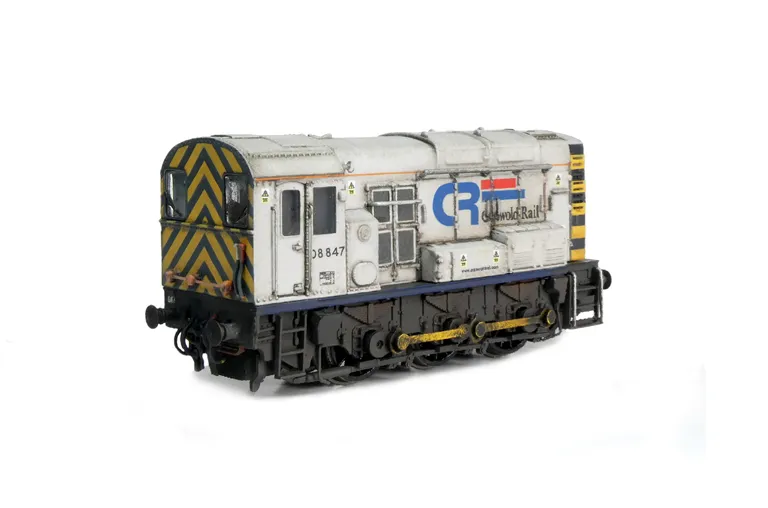 08847 with full respray to Cotswold livery. Renumbered with faded paintwork, detailed buffer beam including extra pipework under buffer at one end and semi detailed at coupling end, modified piping. finer cab handrails, air horn and driver fitted.