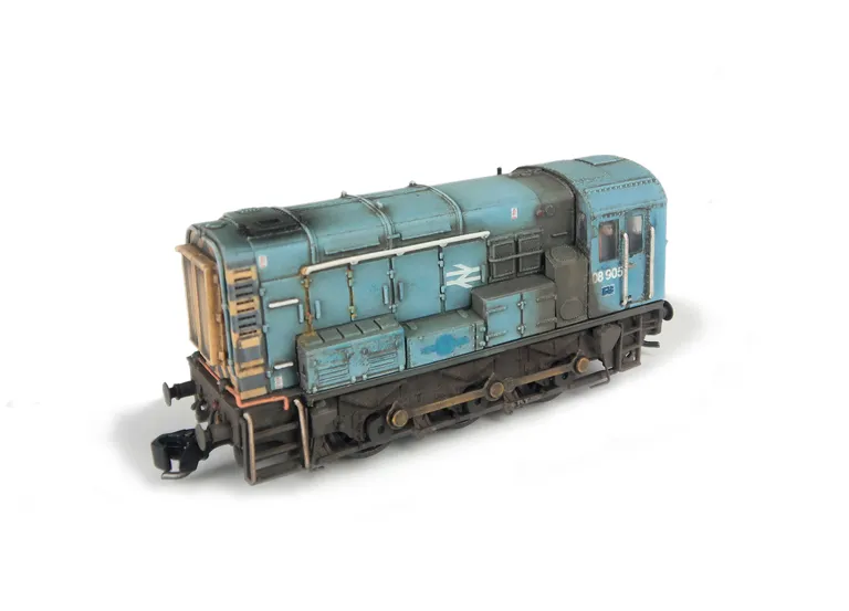08905 Full respray into heavily faded BR Blue. Details include: special effects of graffiti on cab end and mark left after plaque taken off, renumbered, semi detailed buffer beam at both ends, piping modified and driver fitted.