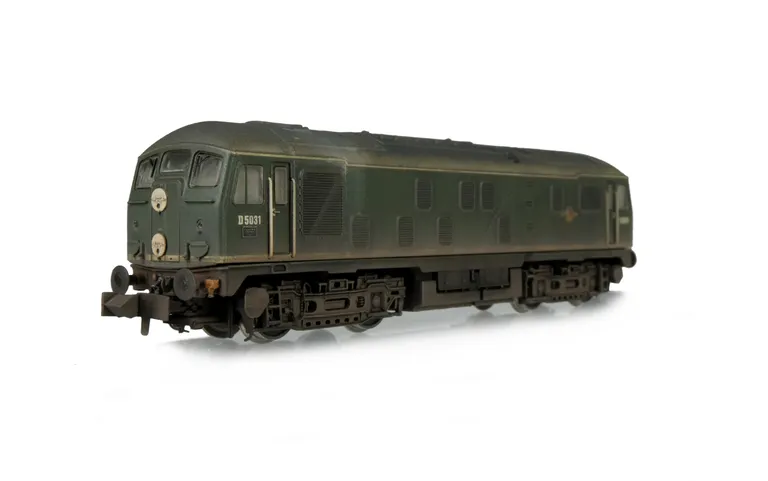 D5031with semi detailed buffer beam at both ends, headcode discs slimmed down and extra catches added, etched workplates, etched 3D roof grill with fan and speedo cable added.
