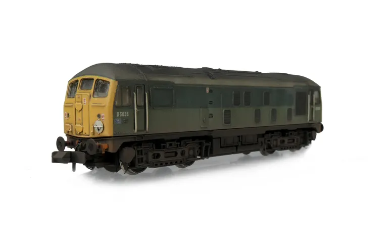 D5038 with semi respray to full yellow ends, extra fuel cap on battery box, semi detailed buffer beam at both ends, renumbered, headcode discs slimmed down and extra catches added, etched workplates, etched 3D roof grill with fan and speedo cable added..