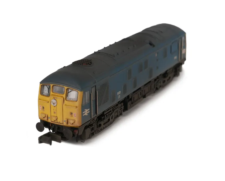 D5113 with livery modifications, shortened water tank and extra gauges added, semi detailed buffer beam at both ends, renumbered, headcode discs slimmed down and extra catches added, etched workplates, etched 3D roof grill with fan and speedo cable added.