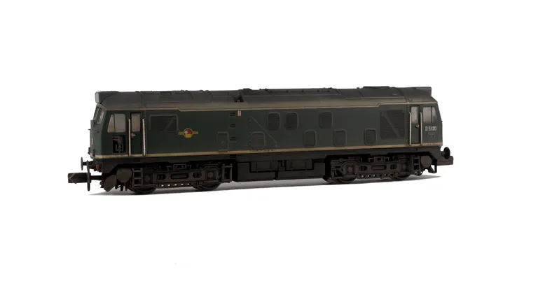 D5120 conversion to a headcode box version with nose top lights plated over, finer nose end handrails, token catcher recess added. semi detailed buffer beam at both ends, renumbered, etched workplates, etched 3D roof grill with fan, snowploughs and speedo