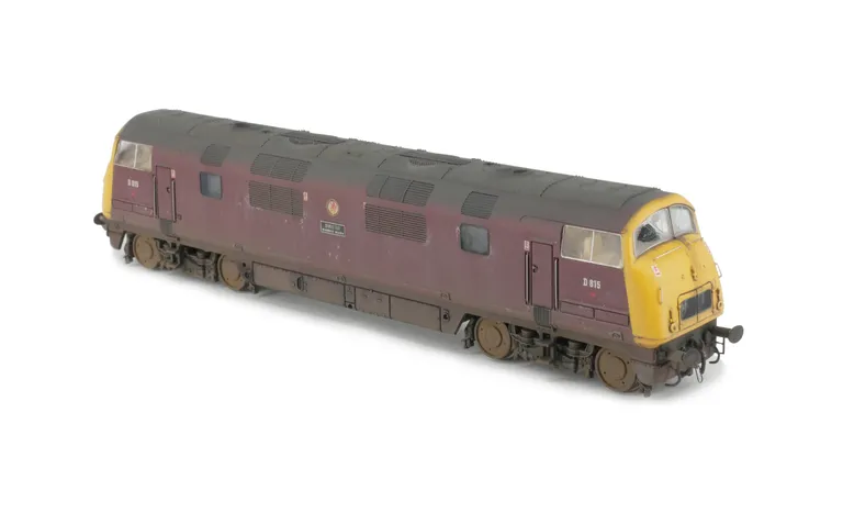 D815 With heavily faded body and special effects of paint peeling. Details include moulded nose end handrails replaced with wire, detailed buffer beam at one end and semi detailed at coupling end, etched nameplates/workplates, driver, holes added to wheel