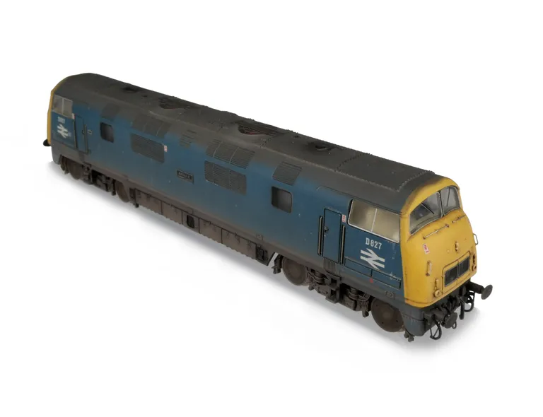 D827 Details include moulded nose end handrails replaced with wire, detailed buffer beam at one end, etched nameplates/workplates, renumbered, driver, holes added to wheels and moulded roof grills replaced with 3D etched fans, grills and ladders.
