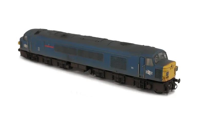 D70 converted to a headcode box version. Details include: etched roof grill and fan, etched plates, mods to match prototype, driver fitted, detailed buffer beam at one end, renumbered, slimmed down bogies, moulded nose end handrails replaced with wire ver