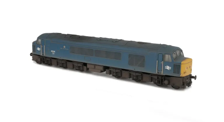 45041 Full respray into BR Blue with plated over headcode conversion, renumbered, slimmed down bogies, detailed buffer beam at one end and semi detailed at coupling end. Etched work plates and nameplates, moulded roof grill replaced with 3D etched fan and