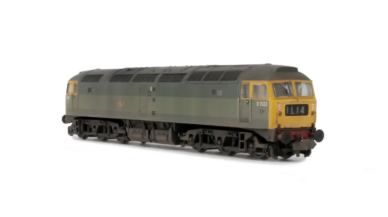 D1523 with Semi detailed buffer beam at both ends, nose ends resprayed to full yellow, etched work plates, renumbered, headcodes changed, moulded nose handrails replaced with wire, body lowered, nose catch and etched 3D fan and grill fitted.