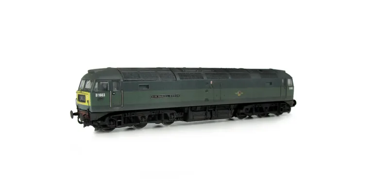 D1663 with detailed buffer beam at one end and semi detailed at coupling end, moulded nose handrails replaced with wire, body lowered, driver fitted, nose catch, etched nameplates and work-plates, etched 3D fan and grill, renumbered.