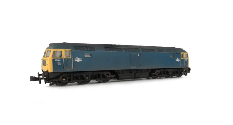 D1684 with full respray to BR Blue, Added details include; renumbered, semi detailed buffer beam at both ends, headcodes changed, moulded nose handrails replaced with wire, body lowered, nose catch and etched 3D fan and grill fitted.