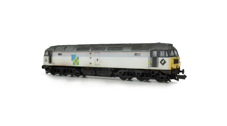47114 Full respray into faded Railfreight sector livery on lowered chassis. Details include: finer aerials, renumbered, etched arrows and plaques, semi detailed buffer beam at both ends, moulded nose handrails replaced with wire including pommels and nose