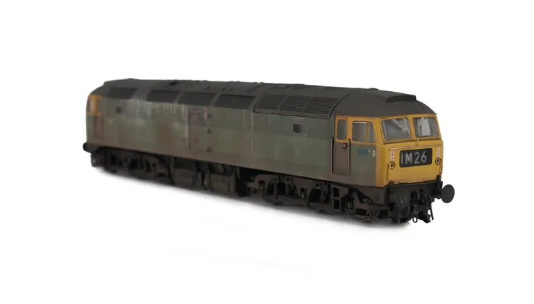 47137 weathered with special effects of heavy dilapidation as per the prototype. Details include fading, renumbered, body lowered, etched fan and grills, detailed buffer beam at one end and semi detailed at coupling end, moulded nose handrails replaced wi