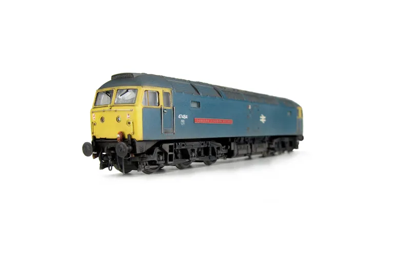 47484 converted to a flush front example at one end with faded paintwork, driver, etched nameplates, body lowered, renumbered, detailed buffer beam at one end, moulded nose handrails replaced with wire including pommels and nose catch added.