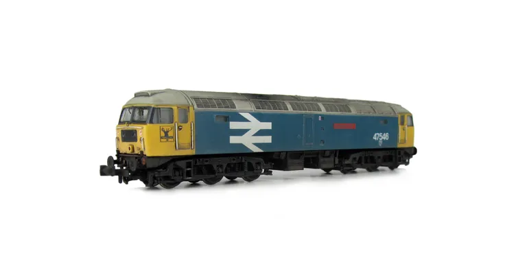 47546 with full respray to Large Logo Blue and shown on a lowered chassis. Details include: etched nameplates, aerials removed and smoothed over, renumbered, semi detailed buffer beam at both ends, moulded nose handrails replaced with wire including pomme