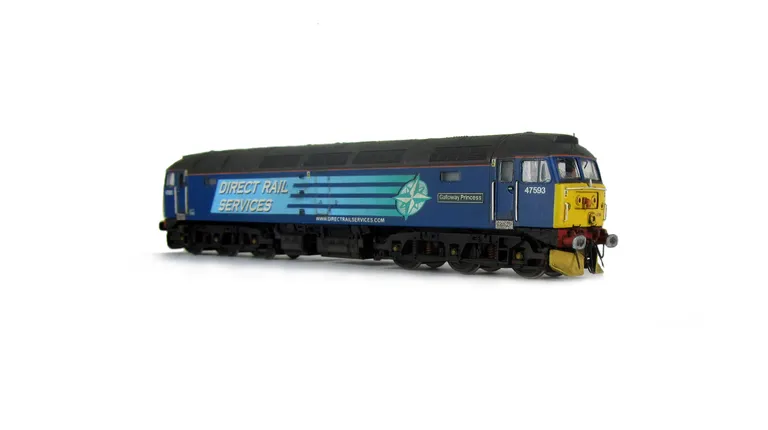 47593 showing a full respray into DRS livery. Base model has been converted to a cutaway buffer beam example with modified battery box. Other details include: detailed buffer beam at one end and semi detailed at coupling end, snowploughs, rectangular buff