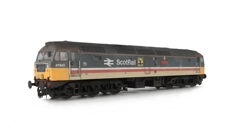 47642 shown in a dilapidated condition with special effects of fading and paint chipping. Renumbered and relivery to Scotrail with detailed buffer beam at one end and semi detailed at coupling end, driver fitted, finer aerial, etched nameplates, moulded n