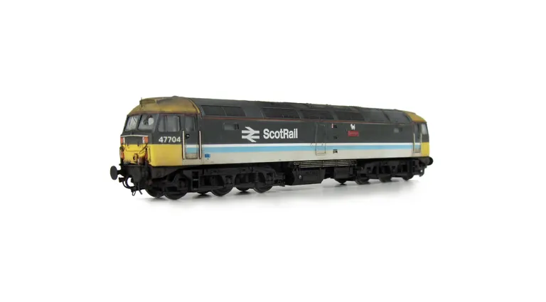 47704 with semi respray to soften colours and shown on a lowered chassis. Details include: etched nameplates, battery box modification, moulded cables taken off nose and replaced with much finer wire version, finer aerials, renumbered with larger Scottish