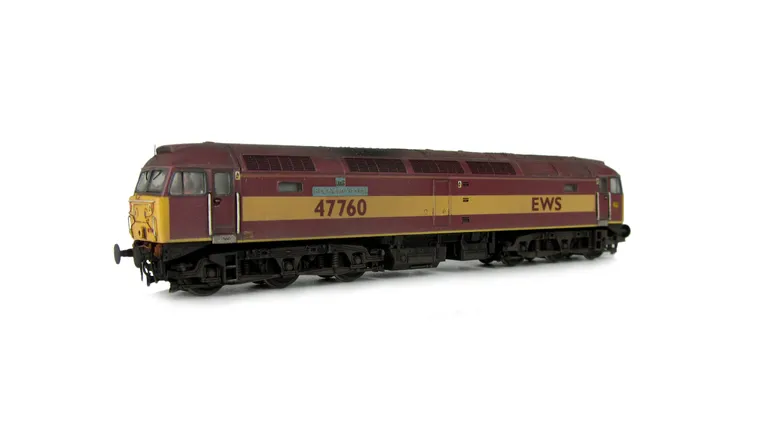 47760 showing a full respray into EWS livery. Base model has been converted to a cutaway buffer beam example with etched kick plates. Other details include: detailed buffer beam at one end and semi detailed at coupling end, driver fitted, molded nose hand