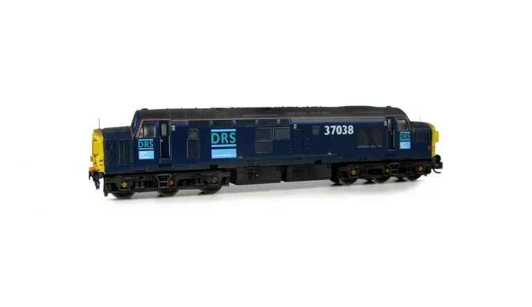 37038 with full respray into DRS livery with boiler ports plated over. Other details include bogie modification to reduce gap between body and bogies, moulded roof grill replaced with 3D etched fan and grill, finer aerial, speedo cable added, etched air h