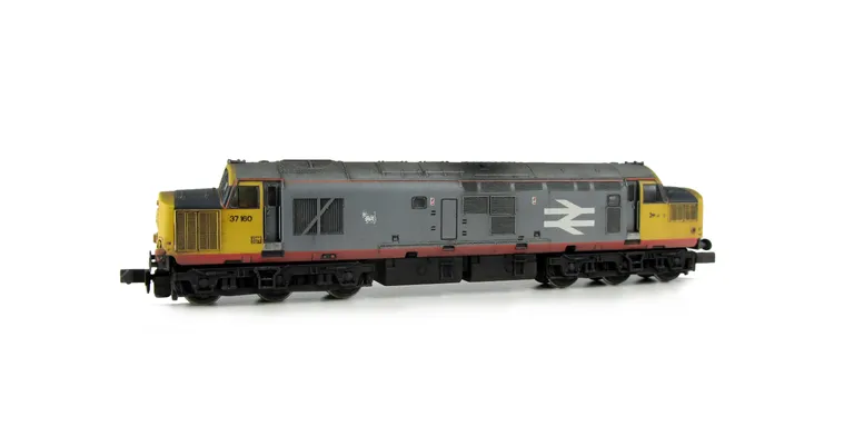 37160 with modification of nose ends to extra cutaway version and full respray to Railfreight red stripe.Other details include: boiler access panel and steps plated over, bogie modification to reduce gap between body and bogies, nose catches, snowploughs,