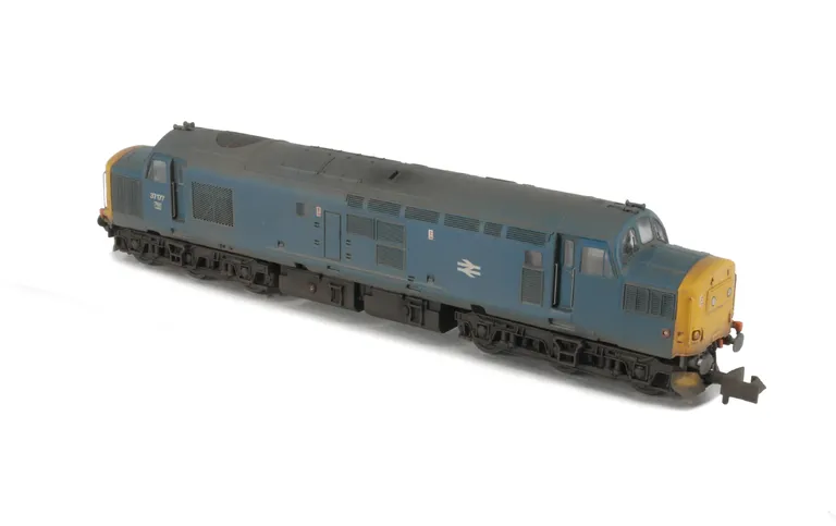 37177 With faded paintwork and semi respray of body with boiler ports smoothed over, bogie modification to reduce gap between body and bogies, renumbered, nose catches, frost grill, snowploughs, moulded roof grill replaced with 3D etched version, speedo c