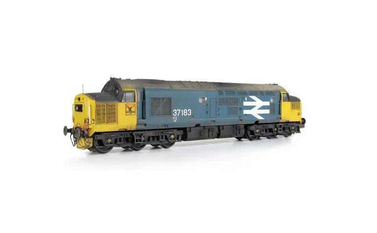 37183 Full respray into BR Large Logo livery. Added details include high intensity headlamp filled with liquid glass, snowploughs with one missing as per prototype, bogie modification to reduce gap between body and bogies, driver and second man, frost gri