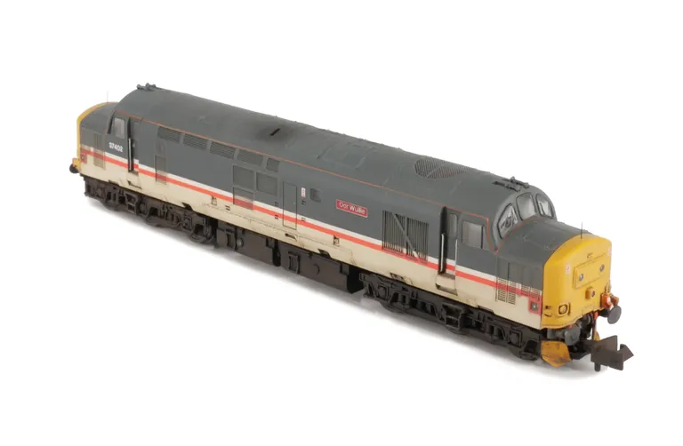 37402 with full respray into Inter City livery. Other details include: bogie modification to reduce gap between body and bogies, finer aerial, renumbered, nose plate, snowploughs, moulded roof grill replaced with 3D etched fan and grill, speedo cable adde