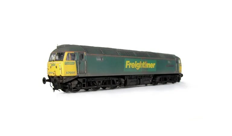 57001 converted to a flush fronted headcode at one end with moulded roof grill replaced with etched fan and grill, renumbered, driver, moulded front handrails replaced with wire including pommels, body lowered, detailed battery box, etched nameplates, det