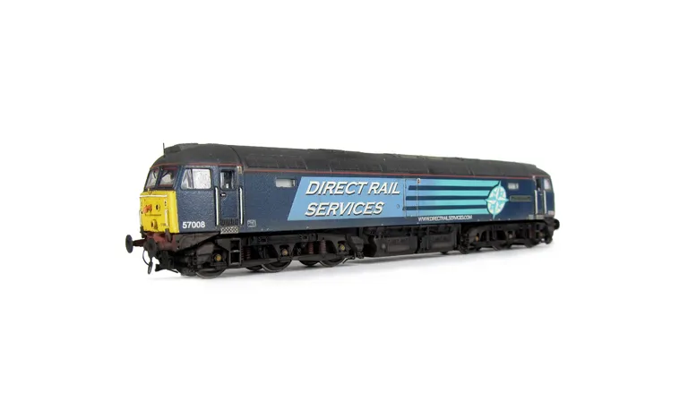 57008 with moulded roof grills replaced with etched fan and grills, renumbered, driver, moulded front handrails replaced with wire including pommels, body lowered, detailed battery box, pipe on nose, etched nameplates, detailed buffer beam at one end, sem