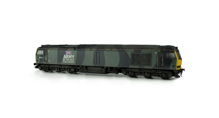 60033 Full respray into army fantasy camouflage livery with lowered body, renumbered, detailed buffer beam at one end and driver fitted.