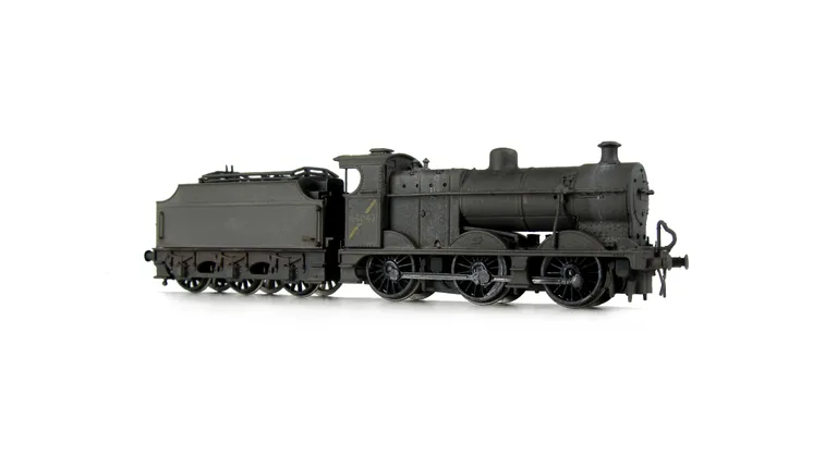 44043 heavily weathered. Added details include: renumbered, molded coal replaced with real coal, yellow stripe and warning flashes, etched depot plaques/work plates and detailed buffer beam at one end.