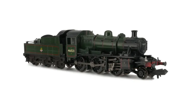 46521 in preserved condition.  Added details include: moulded coal replaced with real coal, lamps added, emblem changed to early crest, baulk heads detailed, loco crew added, painted cab interior and etched workplates.