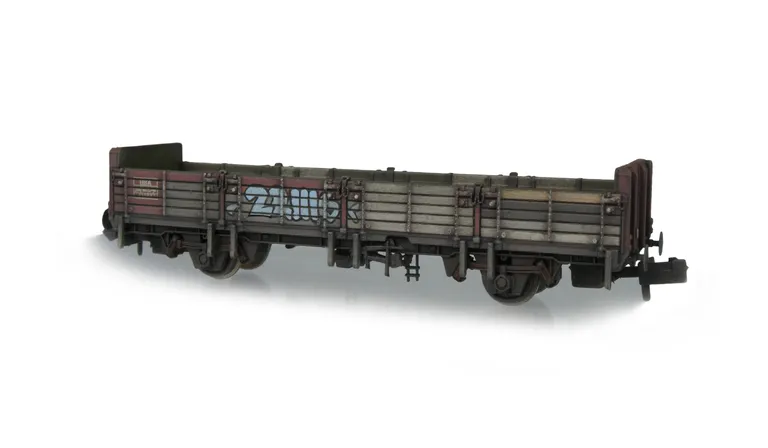 with hand painted grafitti and flaking paint with different coloured slats where they have been replaced over time.