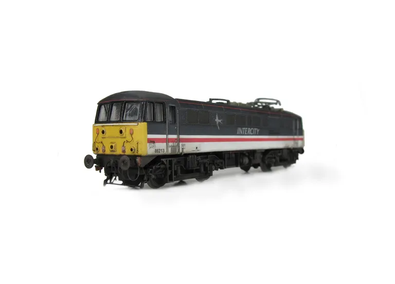 86213 with livery errors corrected, pommel added to nose handrails, etched nameplates, detailed buffer beam at one end with added bar, driver fitted, pantograph changed to finer version, brass buffers, semi detailed buffer beam at coupling end and moulded