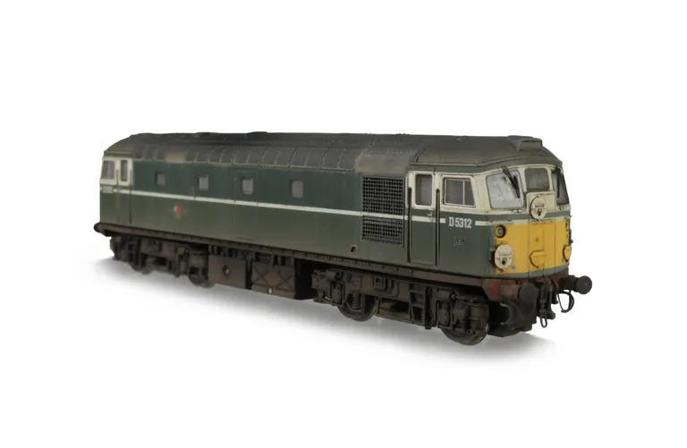 D5312 renumbered, moulded roof grill replaced with 3D etched fan and grill, slimmed down headcode discs and catches added, detailed buffer beam at one end, semi detailed buffer beam at coupling end, driver, speedo cable, moulded nose handrails replaced wi