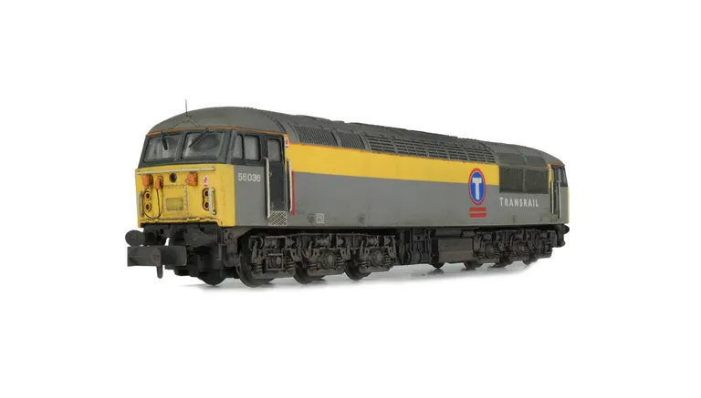 56036 with full respray to Dutch Transrail livery. Details include; renumbered, brass buffers, aerials added and finer nose end sockets.