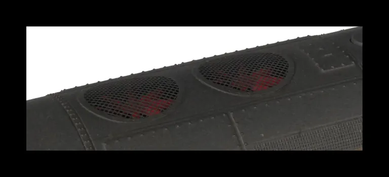 Close up of etched fan and grills