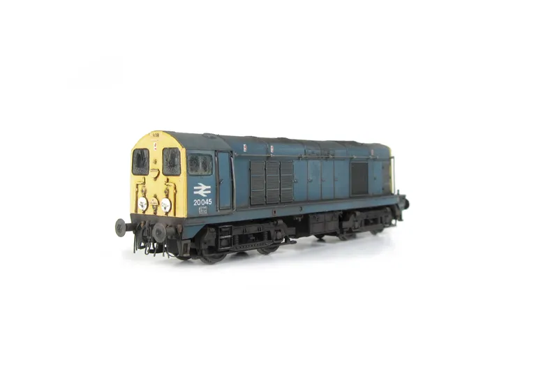 20045 with very faded body, cab and nose ends detailed with fine discs and holes filled with respray of yellow, roof grills replaced with much finer etched fan and grill, bogie modification to reduce the gap between body and bogies, renumbered, horn grill