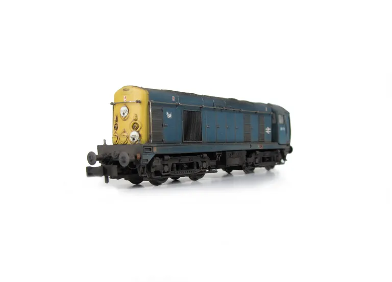 20115 with faded body, cab and nose ends detailed with fine discs and holes filled with respray of yellow, roof grills replaced with much finer etched fan and grill, bogie modification to reduce the gap between body and bogies, renumbered, horn grill cove