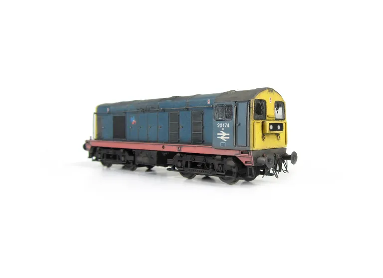 20174 Semi respray of cab roof and running board to represent a Thornaby livery with name applied on one side. Faded paintwork in a shabby condition, renumbered, roof grills replaced with much finer etched fan and grill, bogie modification to reduce the g