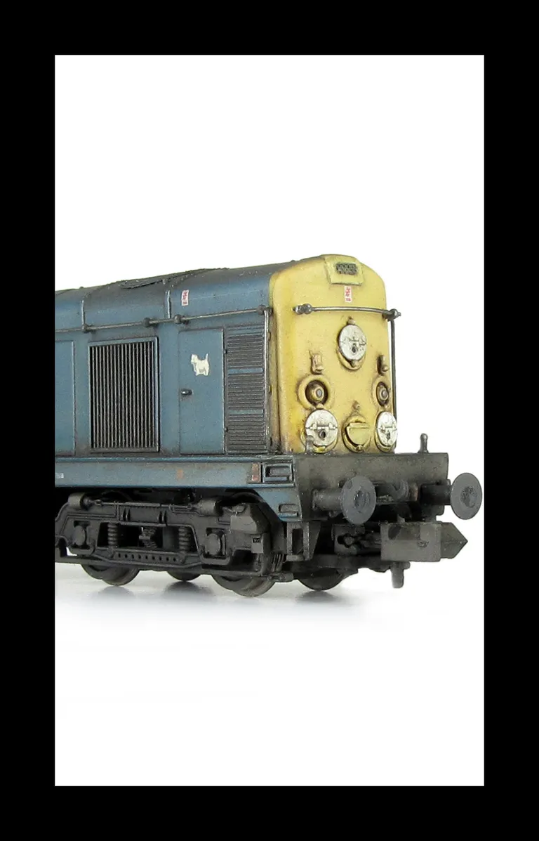 20118 with driver fitted, cab and nose ends detailed with fine discs and holes filled with respray of yellow, roof grills replaced with much finer etched fan and grill, bogie modification to reduce the gap between body and bogies, renumbered, horn grill c