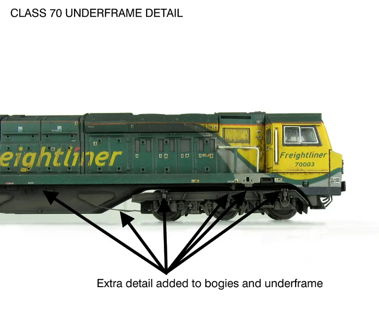 70003 with detailed buffer beam at one end and semi detailed at coupling end, snowploughs mounted on cab, driver fitted, long pipe added to underframe, short pipes to the sandboxes and a multitude of extra detail added to the top of the bogie frames and b