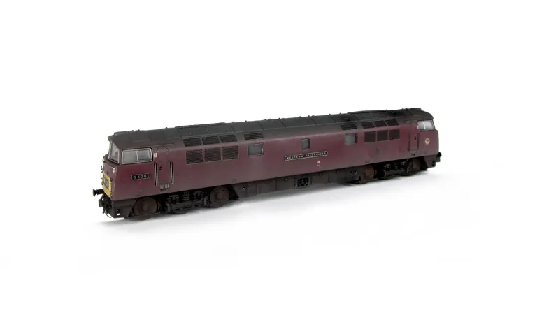 D1001 with faded paintwork, renumbered, etched nameplates, work plates and running numbers, detailed buffer beam at one end, brake rigging added, plastic panels added to headcodes, change of headcode, smaller holes on wheels, nose end moulded handrails an