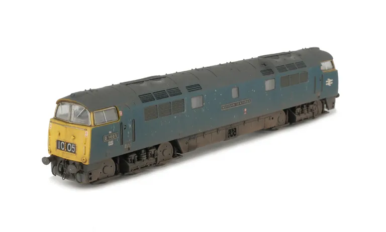 D1005 In a dilapidated state with etched nameplates and running numbers, detailed buffer beam at one end and semi detailed at coupling end, brake rigging added, plastic panels added to headcodes, smaller holes on wheels, nose end moulded handrails and cat