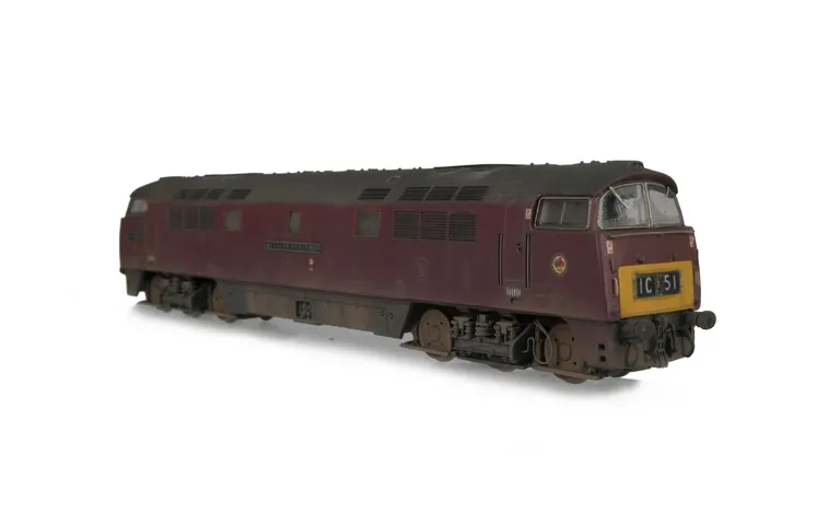 D1058 with some livery modifications, renumbered, etched nameplates/work plates and running numbers, detailed buffer beam at one end and semi detailed at coupling end, brake rigging added, plastic panels added to headcodes, smaller holes on wheels, nose e
