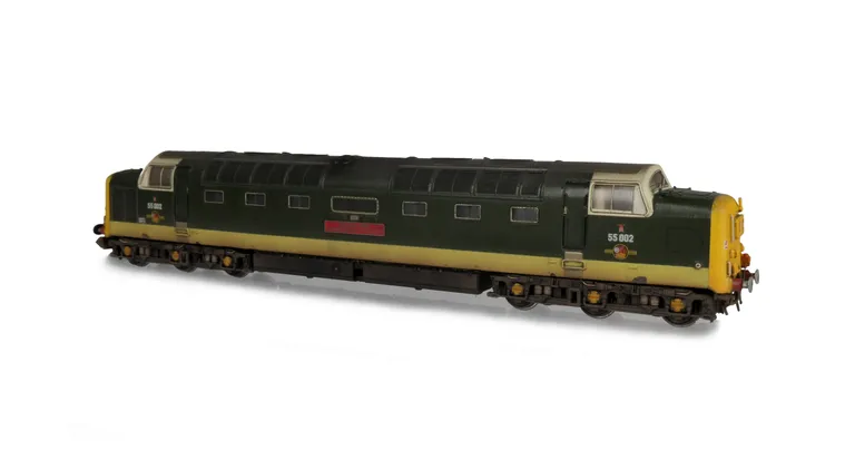 55002 with nose end converted to headcode dot version with full yellow ends and livery modifications. Other details include: finer nose end handrails, speedo cable, air horns added, detailed buffer beam at one end and semi detailed at coupling end, bogie 