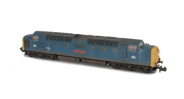 55005 renumbered including livery modifications. Other details include: headcode dots improved with etched overlay, bogie modification to reduce gap between body and bogies, roof grills replaced with much finer 3D etched versions and etched nameplates.