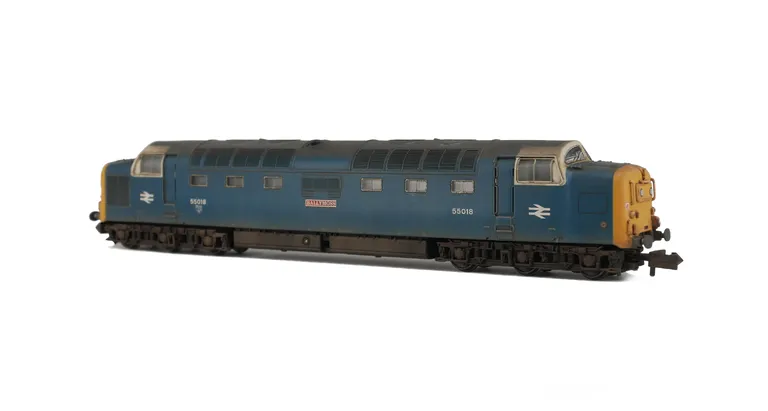 55018 renumbered including livery modifications. Other details include: bogie modification to reduce gap between body and bogies, headcode dots improved with etches. roof grills replaced with much finer etched versions and etched nameplates.
