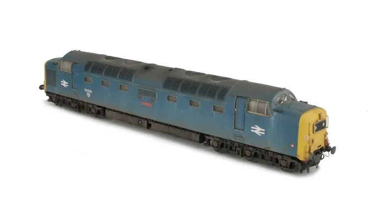 55020 conversion to glass headcode version, renumbered including livery modifications. Other details include: etched work plates, finer nose end handrails, air horn brackets on roof, driver, detailed buffer beam at one end and semi detailed at coupling en